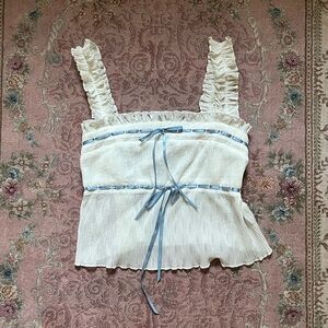 Cider Cream Blouse with Blue Ribbon Detail